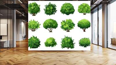 Cartoon shrub bush set. Garden green decoration bushes, illustrated hedge shrubs plants isolated on white Wall mural