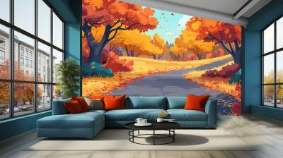 Cartoon Style Path through Autumn Park Studded with Orange Maple Leaves. Game Style Illustration Fall Foliage Seasonal Landscape Scenic Trail Clipart Wall mural