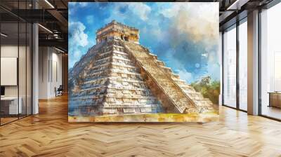 Chichen Itza Watercolor Illustration Background Ancient Mayan Ruins Archaeological Site Historical Landmark Central America Travel Wall mural