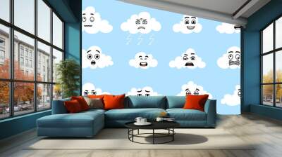 Cute cartoon white clouds expression faces. Isolated cloud with raindrops, weather emotional symbols. Fancy childish nature elements, vector stickers Wall mural