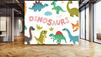 Cute flat herbivore dinosaur, cartoon dinosaurs and reptiles. Dino doodle characters, children jurassic park animals. Prehistoric monsters classy vector set Wall mural