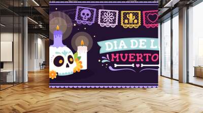 Day of dead poster. Mexican festival banner with sugar skull, flowers and candles. Decoration halloween party flyer, mexico racy vector background Wall mural