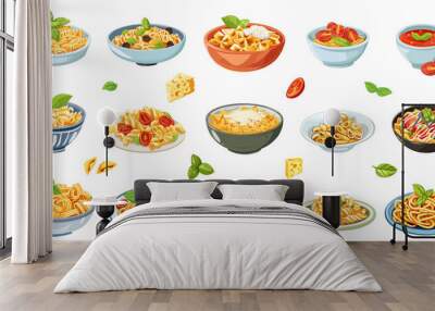 Different pasta meals. Italian cuisine dishes, spaghetti and penne with cheese and tomatoes. Homemade noodles and tomato soup, vector set Wall mural