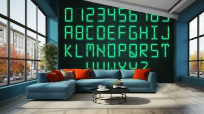 Digital alarm alphabet. Electronics watches letters, clock numbers and alphabet. Scoreboard, calculator typography font sign, led display exact vector text Wall mural