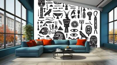 Doodle Egyptian Hieroglyphics Elements. Black doodly hieroglyph characters, Egypt signs Simple Hand-Drawn Black Icons on White Background Wall mural