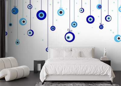 evil eye banner. greek turkish eyes mascot, blue spiritual protection amulets hanging. magic poster, Wall mural