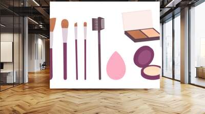 Face contouring cosmetics tools and equipment. Brushes, highlighter and powder, blush and sponge. Vector collection for fashion makeup Wall mural