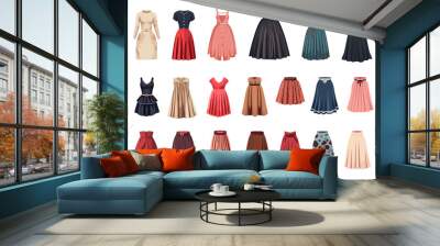 Female dress and skirt. Cartoon different dresses, long and short skirts. Isolated women clothes, elegant and daily designs. Fashion vector collection Wall mural