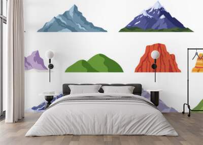 Flat rock mountains relief. Snowy cliff, mountain and hill. Isolated rocky peak, cartoon canyon silhouette. Racy vector nature hiking elements Wall mural