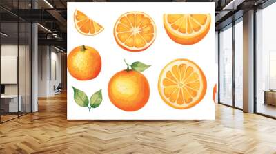 Fresh orange watercolor slices. Isolated oranges with green leaves. Natural organic fruits, healthy vitamins tropical food vector clipart Wall mural