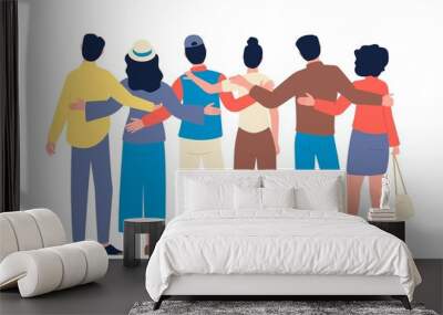 Friends hugging. Love bonds, backside view people hug together. Celebrating or greetings group, empathy friendship and support, recent vector concept Wall mural