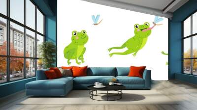 Funny frog. Animal jump to eat fly insect. Green cartoon isolated frogs, wildlife rules. Neoteric water swamp toad hunting and eating, catch with tongue vector scene Wall mural