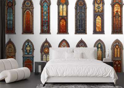 Gothic stained glass windows. Colored stained-glasses in stone brick frames for medieval castle mansion church cathedral vector graphics isolated on white Wall mural