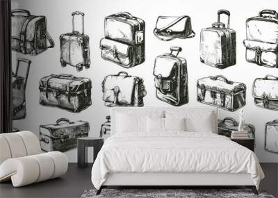 Hand Drawn Vintage Leather Suitcases and Bags. Simple Style, Black Icons on White Background, Retro Luggage, Classic Travel Bags, Vintage Carry-Ons, Handcrafted Travel Accessories, Antique Baggage Wall mural