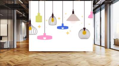 Hanging lamps banner. Home ceiling lamp with bulbs. Electric modern interior decor design, lights decorative vintage chandeliers retro racy vector background Wall mural