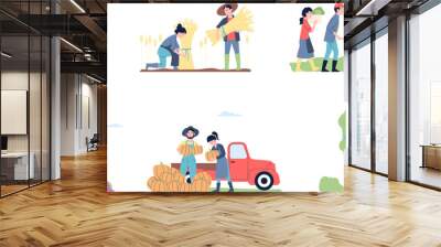 Harvesting autumn people, fall seasonal harvest. Outdoor recreation, agriculture women and men. Farmers in garden, farm recent vector scenes Wall mural