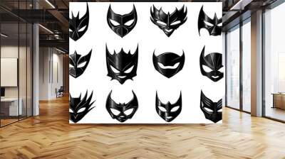 Hero black masks. Superheroes dark face mask set, fantasy masking icons, unknown superhero characters disguise fasching theft robber vector signs isolated on white Wall mural