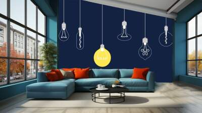 Idea bulb banner. Innovations thinking, creative science or business think. Different light bulbs hang on rope. Inspiration concept, recent vector background Wall mural