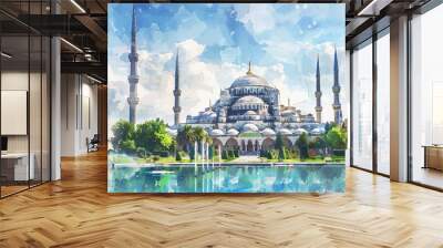 Incredibly Beautiful Mosque with Gardens Fountains Foreground Watercolor Illustration Background Islamic Architecture Ornate Design Cultural Landmark Scenic View Wall mural