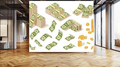 Isolated cartoon money cash. Dollars bundle, financial dollar bills. American currency, flying green banknotes. Prosperity wealth exact vector set Wall mural