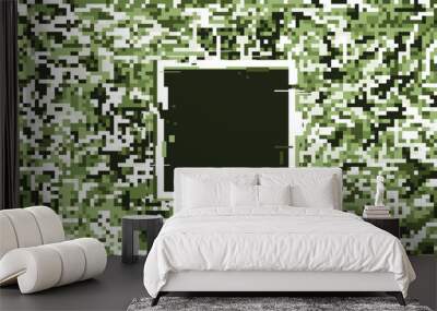 Khaki color glitch effect background with empty frame. Backdrop for news, hatched texture. Digital technologies vector element Wall mural