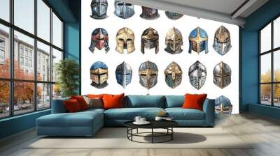 Knights Helmets Set Low Detailed Watercolour Line Sketch Crisp Contours White Background Illustration Armor Medieval Weaponry Minimalist Flat Design Decorative Elements Sketch Wall mural