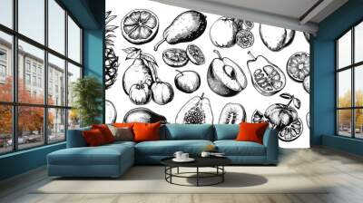 Line Sketch Tropical Fruits Set with Crisp Contours. Engraved pineapple pear plum apple orange Vector Illustrations of Exotic Fruit Symbols on White Background Wall mural