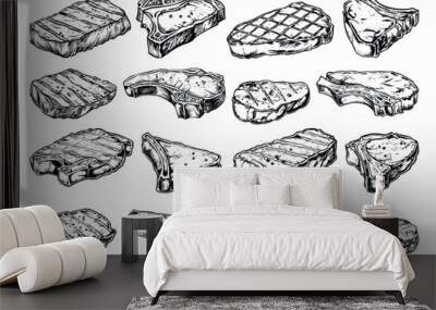 Meat Steak Vintage Engraving Icons Set BBQ Beef Line Sketch Crisp Contours Classic Design Elements Barbecue Illustrations Culinary Art Food Graphics Gourmet Cooking Retro Style Wall mural