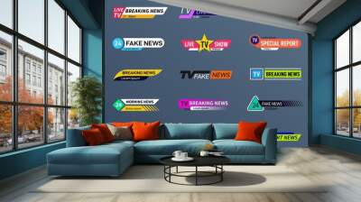 News bars. Tv banner, headers for videos. Strip graphic for text for videos, stream, channel. Headline bar, sport competition stripe, exact vector set Wall mural