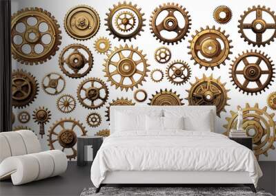 Old brass metal gears.Vintage bronze metallic cogwheels isolated on white, retro style separated gearwheels Wall mural