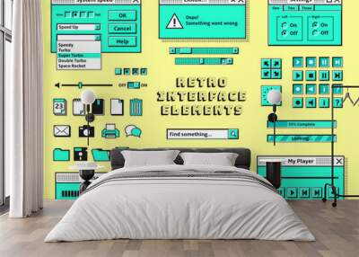 Old pc elements. 1990s technology, computer graphics interface console. Vintage internet bar style, retro 80s trendy geek web window tidy vector design Wall mural