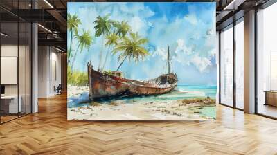 Old Sunken Barque Aground Near A Deserted Tropical Island Watercolour Background Illustration Abandoned Shipwreck Scenic Landscape Exotic Beach Ocean Adventure Nautical Art Vibrant Wall mural