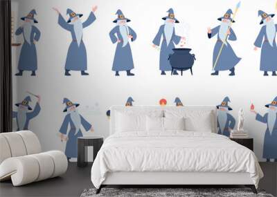 Old wizard, medieval sorcerer cartoon characters. Magician man doing magic and wear magical costume. Flat wise male druid recent vector set Wall mural