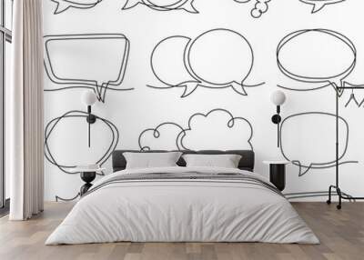 One line speech bubbles. Art drawing conversations messages, feedback and ideas. Empty communication frames, continuous lines tidy vector dialog elements Wall mural