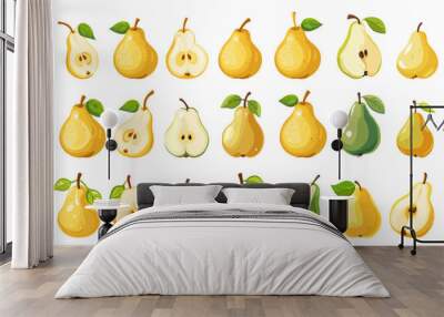 Pears set. Isolated cartoon pear, yellow and green fruits. Fresh food, seasonal agriculture market. Harvest products, vegan vitamin vector elements Wall mural