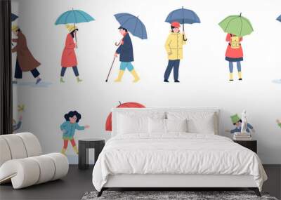 People in autumn rainy day walking with umbrella. Adults and funny children jump in fall puddles. Recreation on nature, outdoor recent vector characters Wall mural