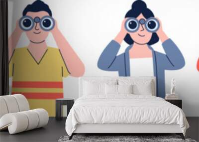 People look through binocular. Search love with binoculars, cartoon guy girl characters looking and research. Business perspectives search, recent vector set Wall mural