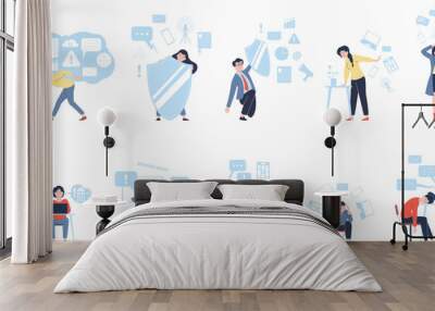 People nervous social media information overload. Lot of info and entertainment. Overwhelming communication, recent working stress vector scenes Wall mural