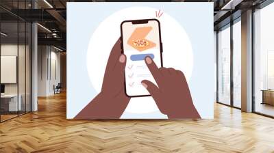 Pizza order in food delivery smartphone app. Hands holding phone and pay for meal. Smart lunch, family dinner booking. Modern lifestyle, vector concept Wall mural