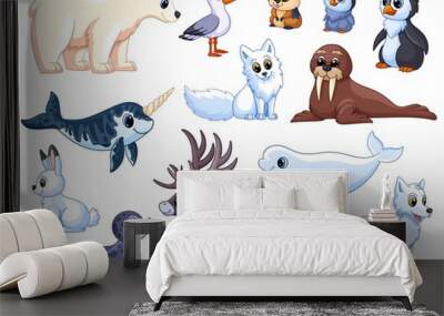 Polar animals. Antarctic mammals, isolated wildlife ocean. Funny arctic white bear, seabird, cute penguins and deer. Garish vector characters Wall mural