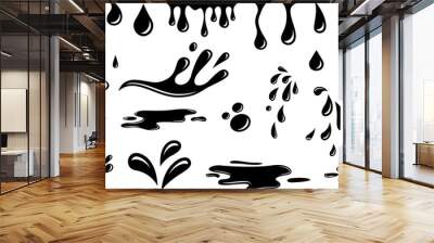 Puddles drops splashing water. Dripping liquid elements, isolated black ink flow. Tears flowing vector silhouettes, oil or rain drips Wall mural