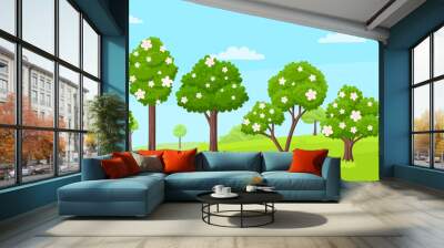 Spring blossom tree garden landscape. Green various cartoon trees flowers and petals. Blue sky with clouds, vector nature landscape. Sakura or peach or apple blooming Wall mural