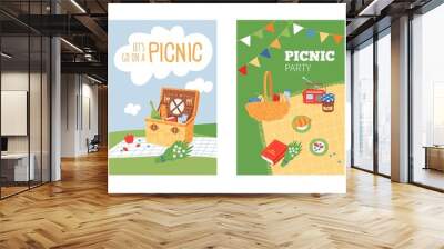 Summer garden picnic poster. Fun spring barbecue party, romantic dating on nature with food and wine. Wicker basket, drinks and meal classy vector banner Wall mural