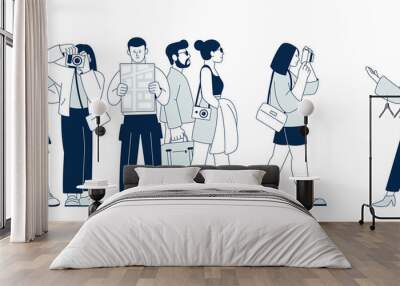 Tour guide. Tourism concept, happy tourists sightseeing city. Isolated touristic group, travel or visit trip. Vacation journey recent vector scene Wall mural