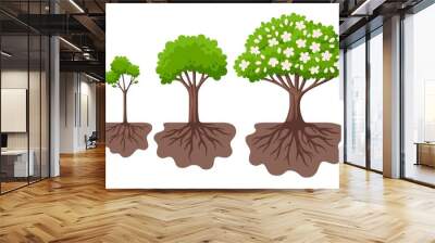 Tree growth cycle. Agriculture growing plant, apple bush change. Isolated planting concept, cartoon garden fruits blossom. Germinating seed, garish vector scene Wall mural