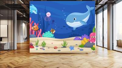 Underwater animal background. Aquatic animals, cartoon sea world landscape. Water aquarium with whale, fish, seaweed. Garish tropical marine life vector scene Wall mural