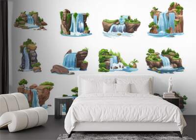 Waterfalls cartoon elements. Nature waterfall landscape with stones and trees. Exotic forest objects, isolated natural vector collection Wall mural