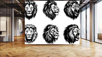 Wild roaring lion king head tattoo set. Front and side view predator face, lions heads black and white ink sketch silhouettes Wall mural