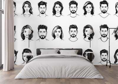 Woman and man face icons. Boys and girl young characters faces silhouettes, people heads vector icons, different users profile black signs Wall mural