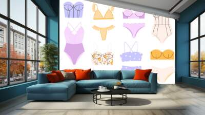 Women underwear accessories set. Girls thong panty and bra, lingerie or swimsuit. Underwear clothes, isolated sexy fashion bikini racy vector collection Wall mural